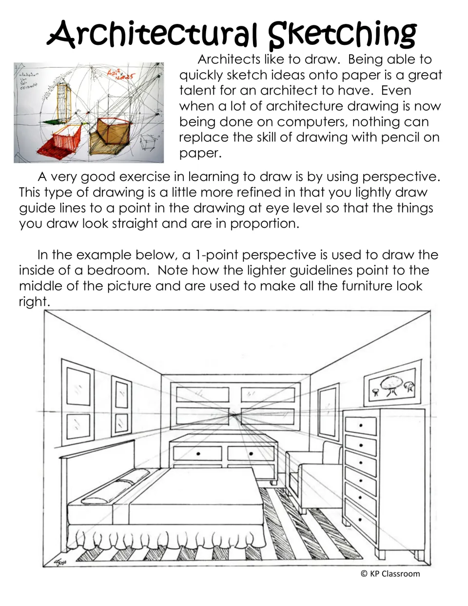 Architectural sketching reading introduces one-point perspective using guidelines in a bedroom drawing