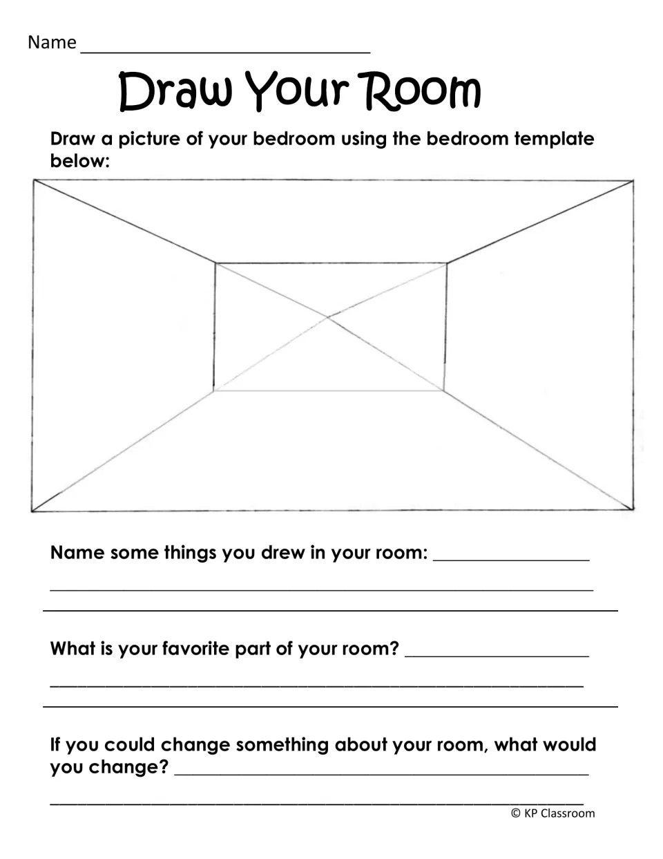 Bedroom drawing activity provides a perspective template and asks about contents, favorites, and changes