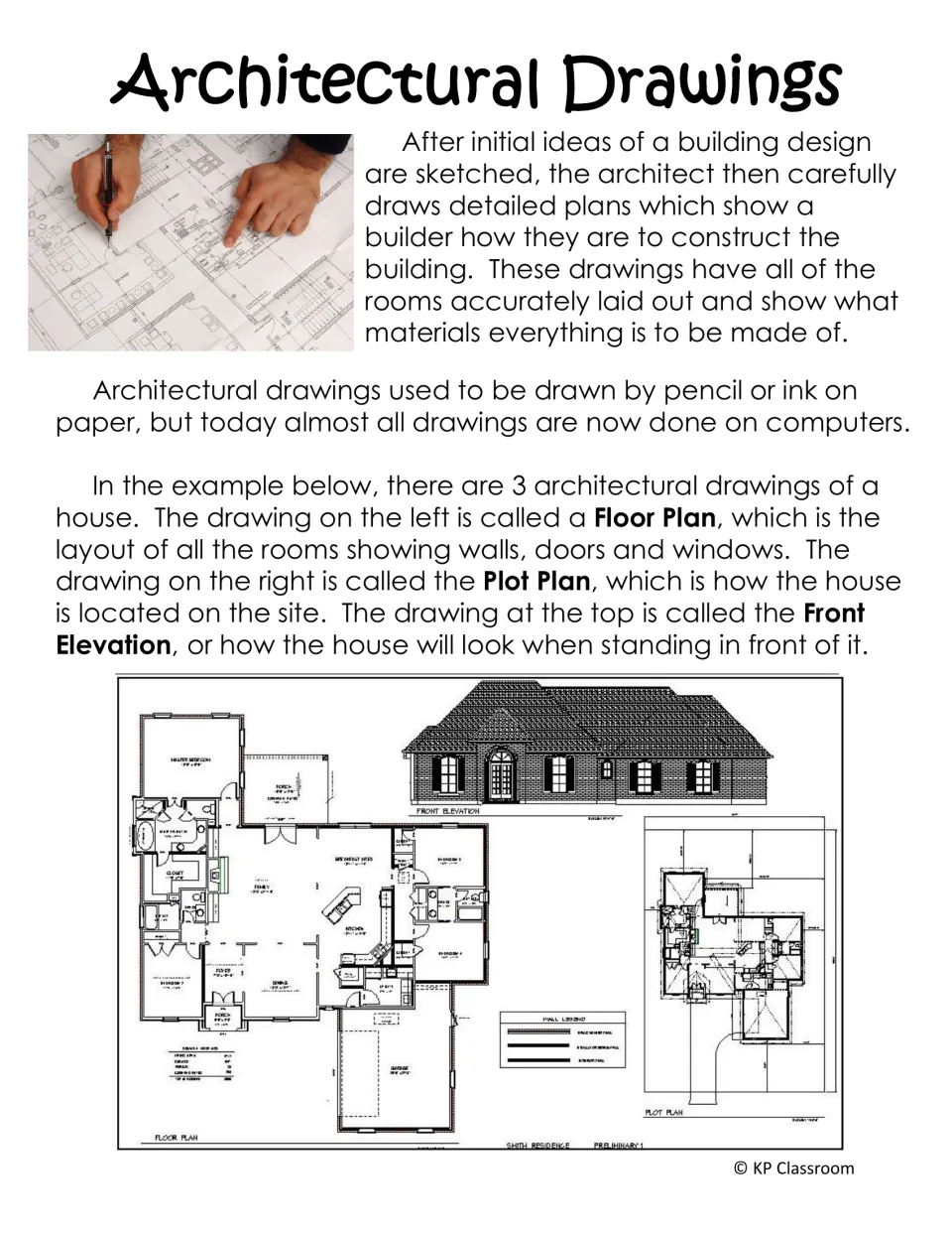 Architectural drawings reading explains detailed building plans with floor plan, plot plan, and front elevation