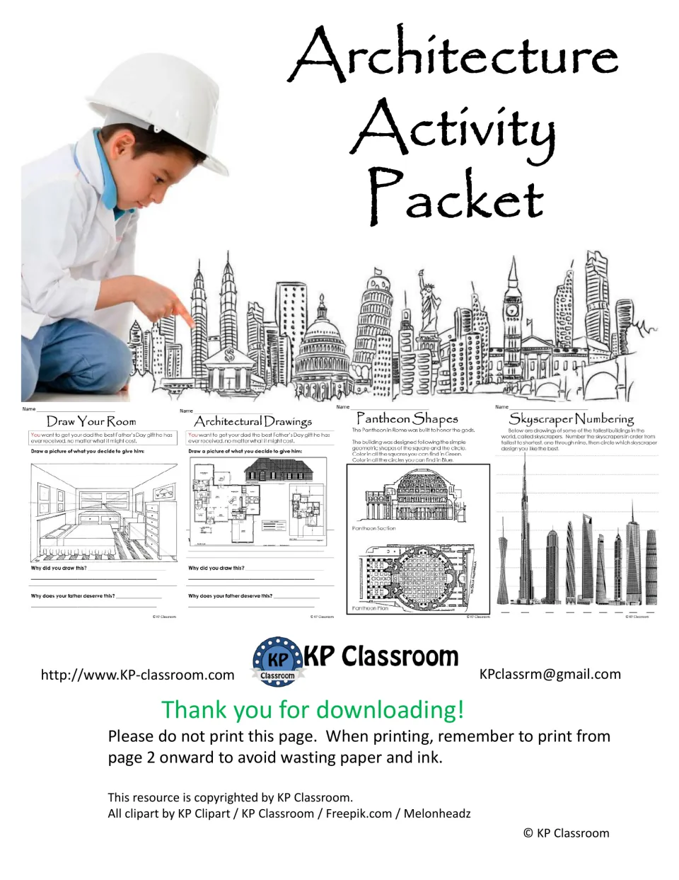 Architecture Activity Packet cover showing sample drawing, shape, and skyscraper activities from the packet