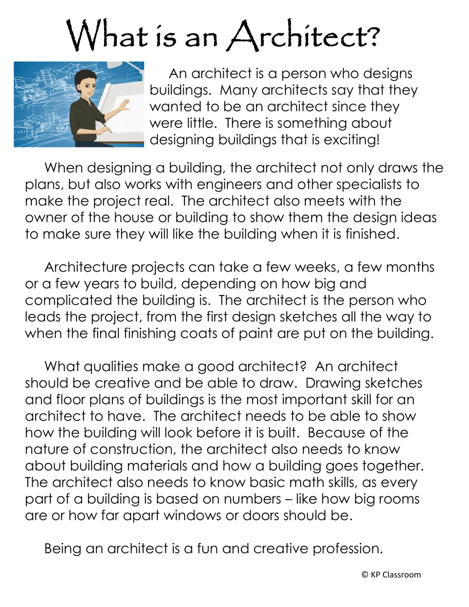 Architect reading describes designing buildings, working with specialists, and using drawing and math skills
