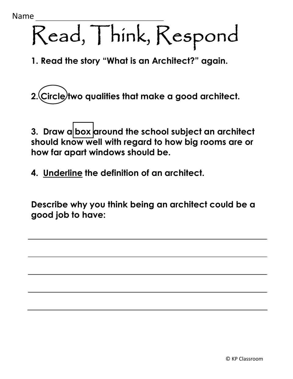 Architect reading activity asks students to mark key details and explain why architecture could be a good job