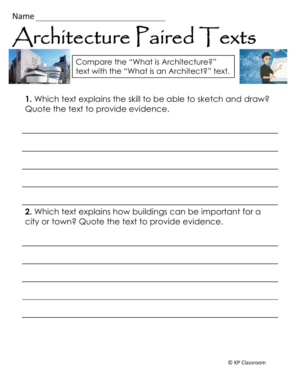 Paired-text questions ask which architecture reading covers drawing skills and buildings’ importance to cities