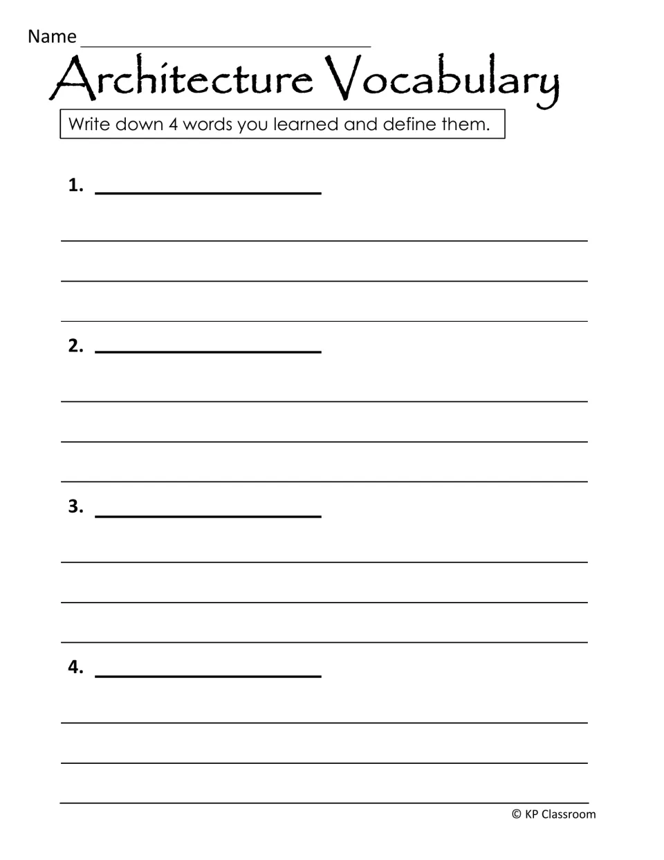 Architecture vocabulary activity asks students to choose four words they learned and write their definitions