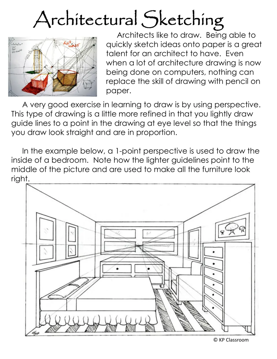 Architectural sketching reading introduces one-point perspective using a bedroom drawing with guide lines