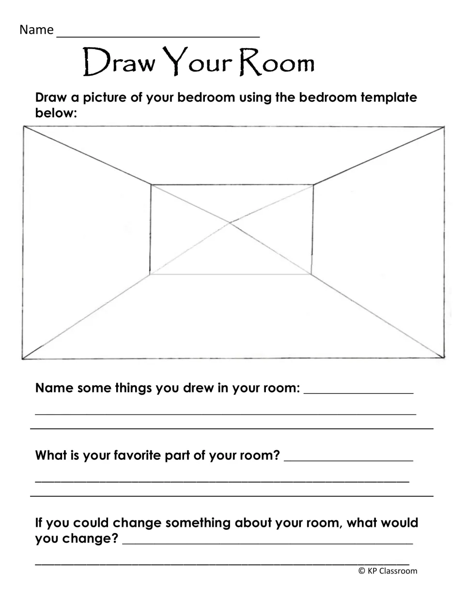 Bedroom drawing activity provides a perspective template and asks about room contents, favorites, and changes