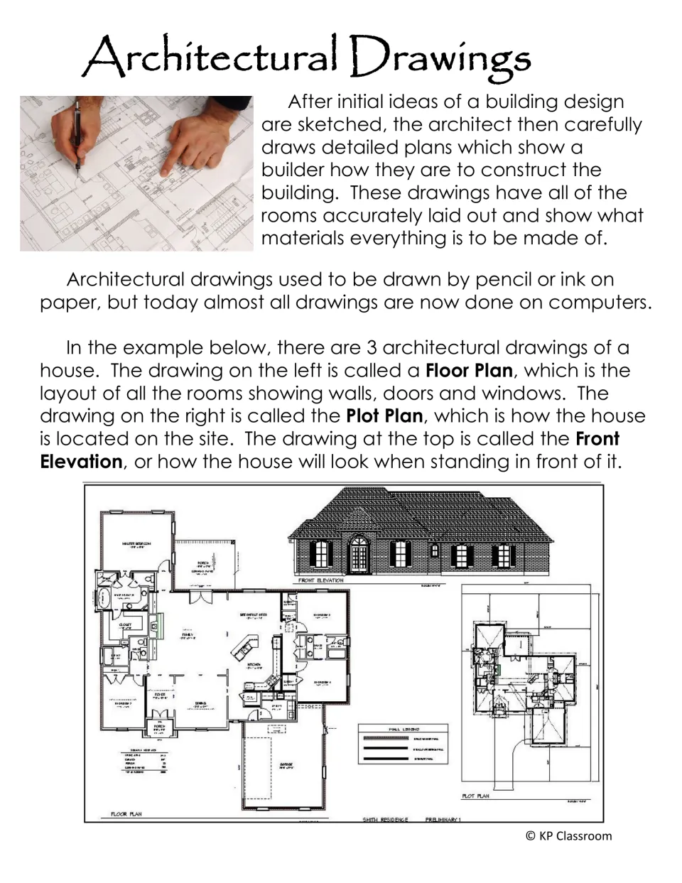 Architectural drawings reading explains a house floor plan, plot plan, and front elevation using labeled examples