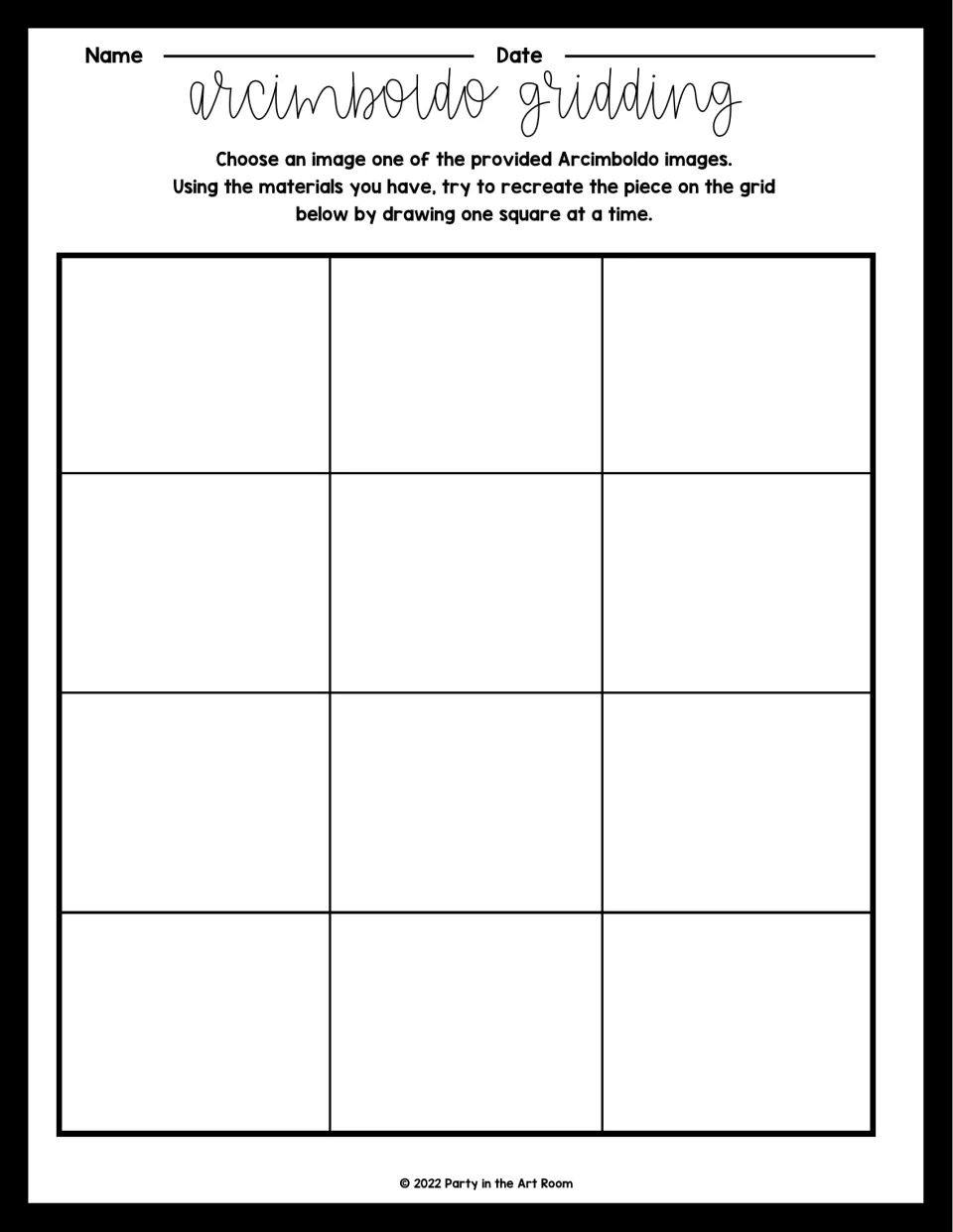 Arcimboldo gridding: students pick one Arcimboldo image and recreate it on 12 blank squares, drawing one square at a time