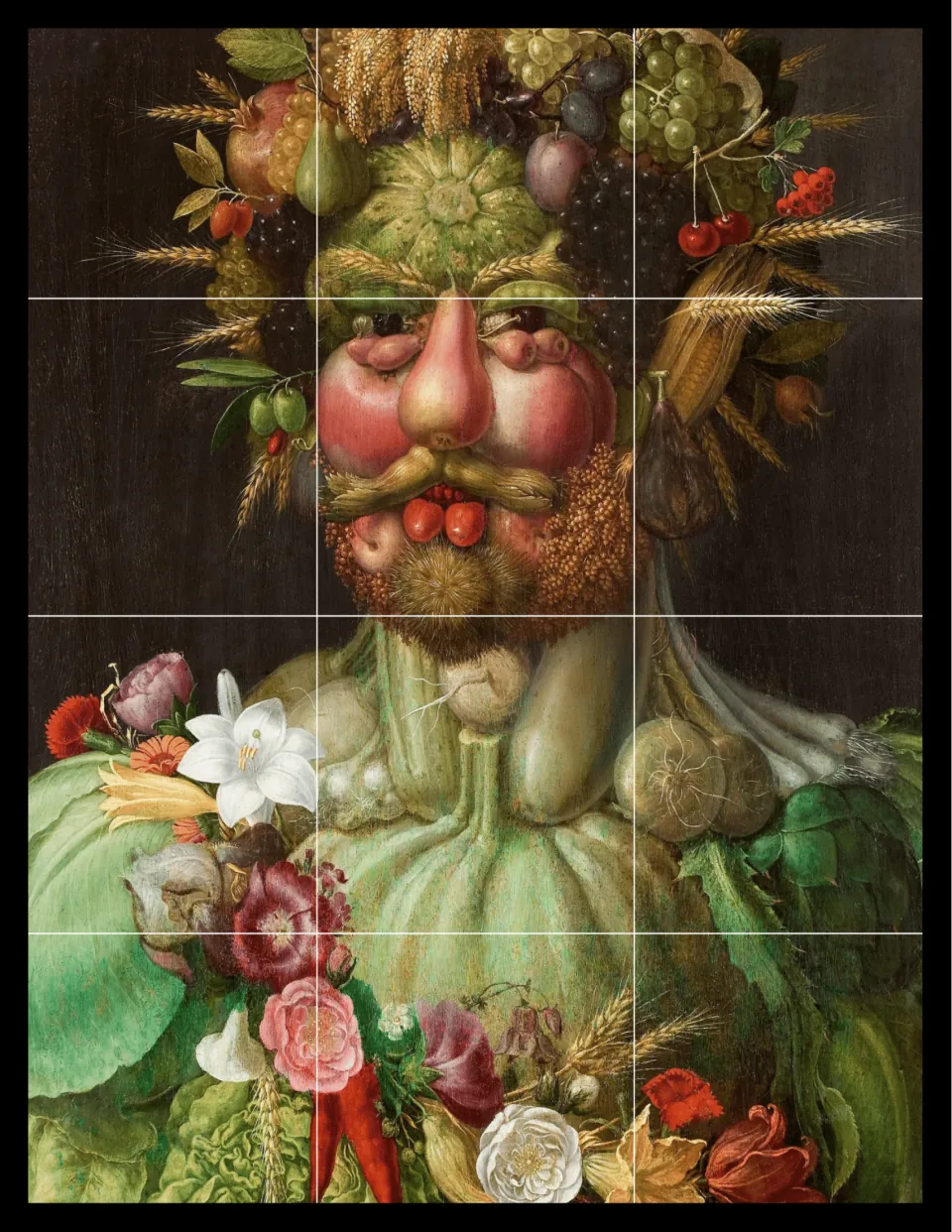 Colour reference of Arcimboldo's Vertumnus, a fruit, vegetable and flower face split into 12 squares for students to copy