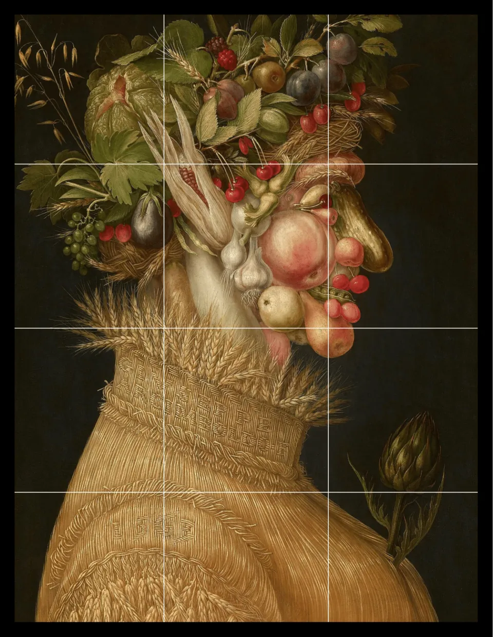 Colour reference of Arcimboldo's Summer, a profile head of fruit and vegetables with a woven wheat coat, in 12 squares