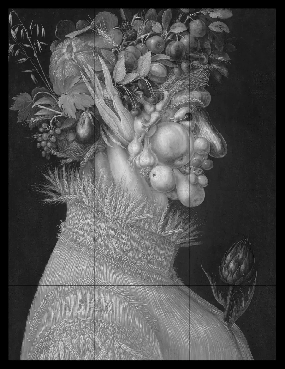 Black-and-white Summer reference showing the fruit-and-vegetable profile in 12 squares for copying tones and textures