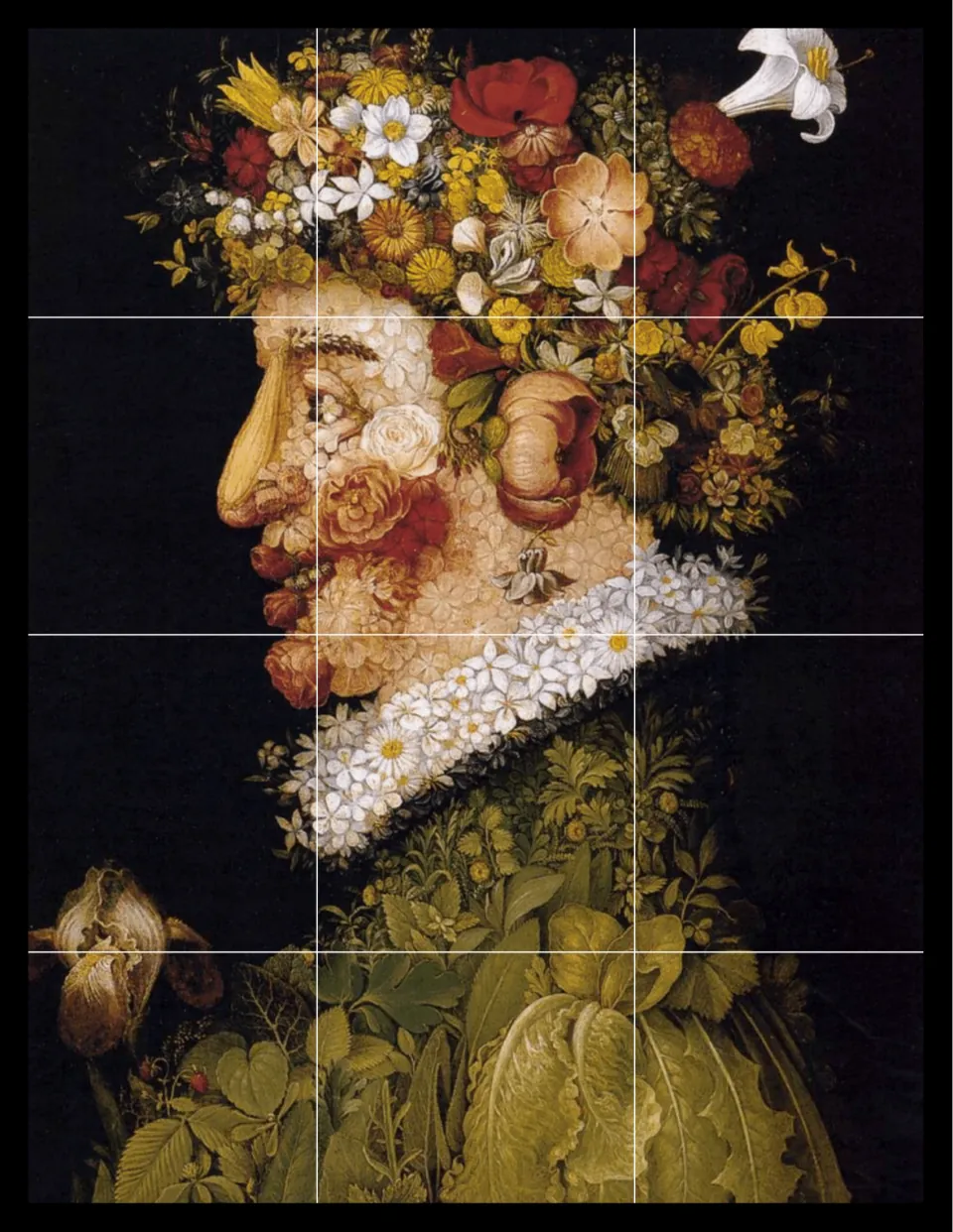 Colour reference of Arcimboldo's Spring, a profile face built from flowers with a daisy collar and leafy body, in 12 squares