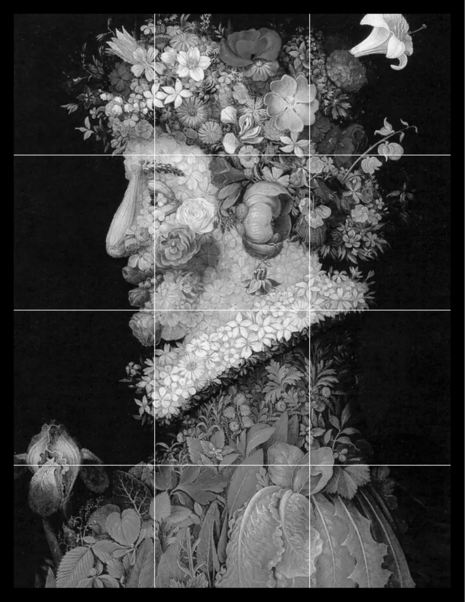 Black-and-white Spring reference of the flower-made profile face in 12 squares, for practising light and dark values