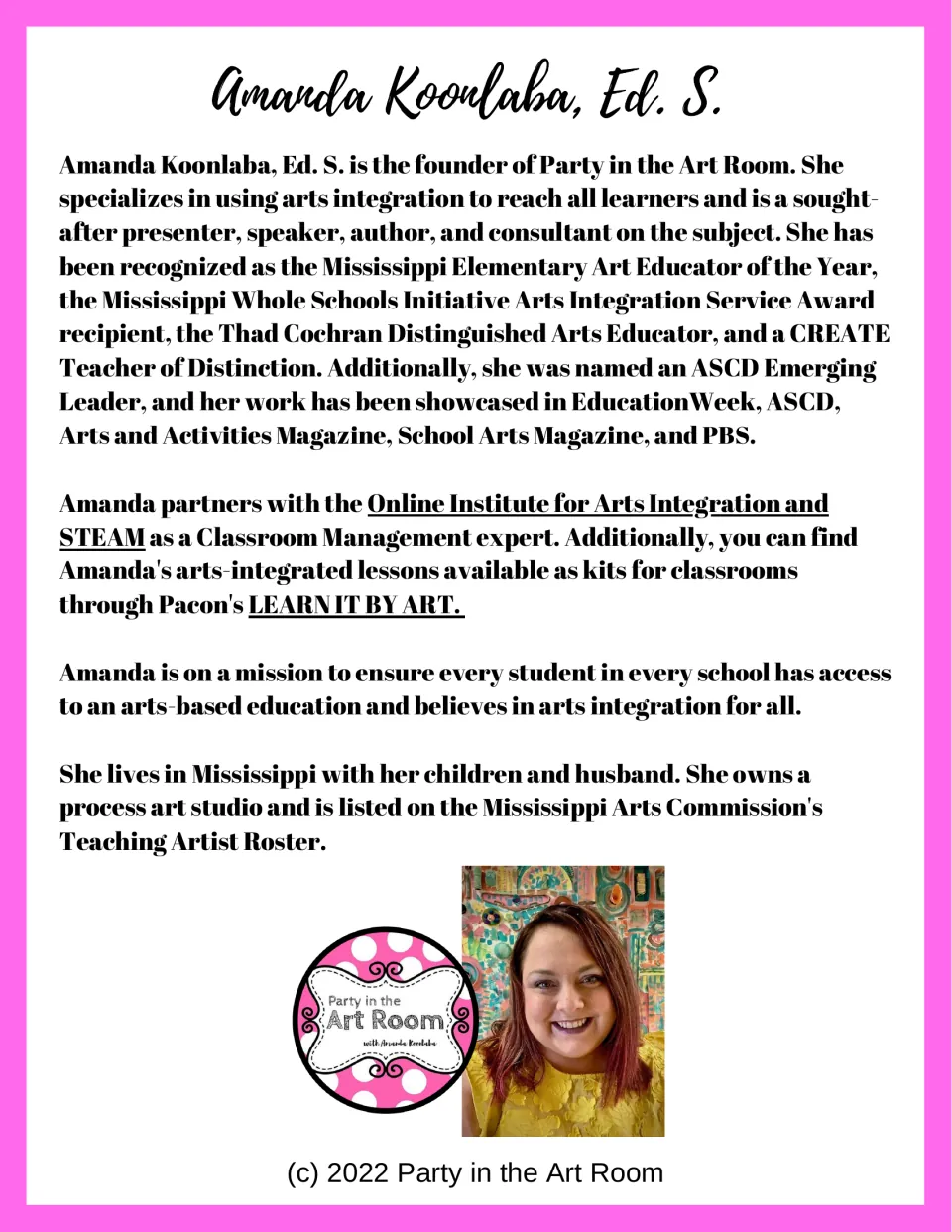 About the author: biography of Amanda Koonlaba, Ed. S., founder of Party in the Art Room, with her photo and the shop logo