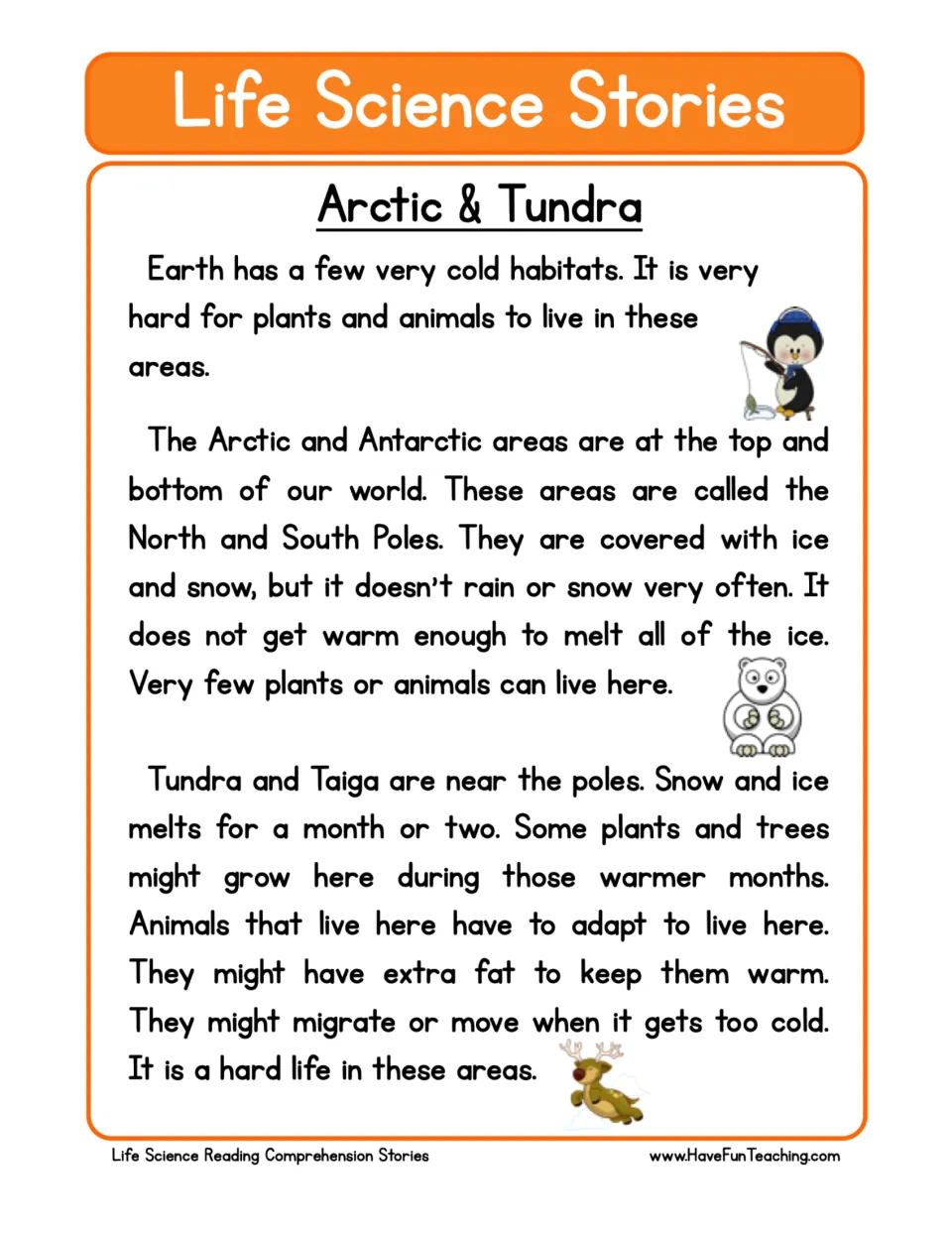 Reading passage about Arctic and tundra habitats, polar ice and snow, plant growth, and animal adaptations.