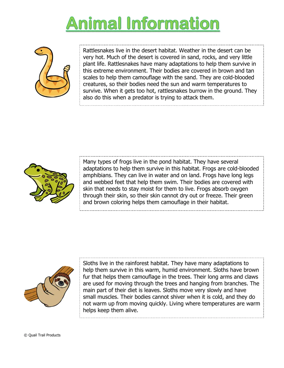 Animal Information: readings on how a desert rattlesnake, pond frog and rainforest sloth are adapted to their habitats