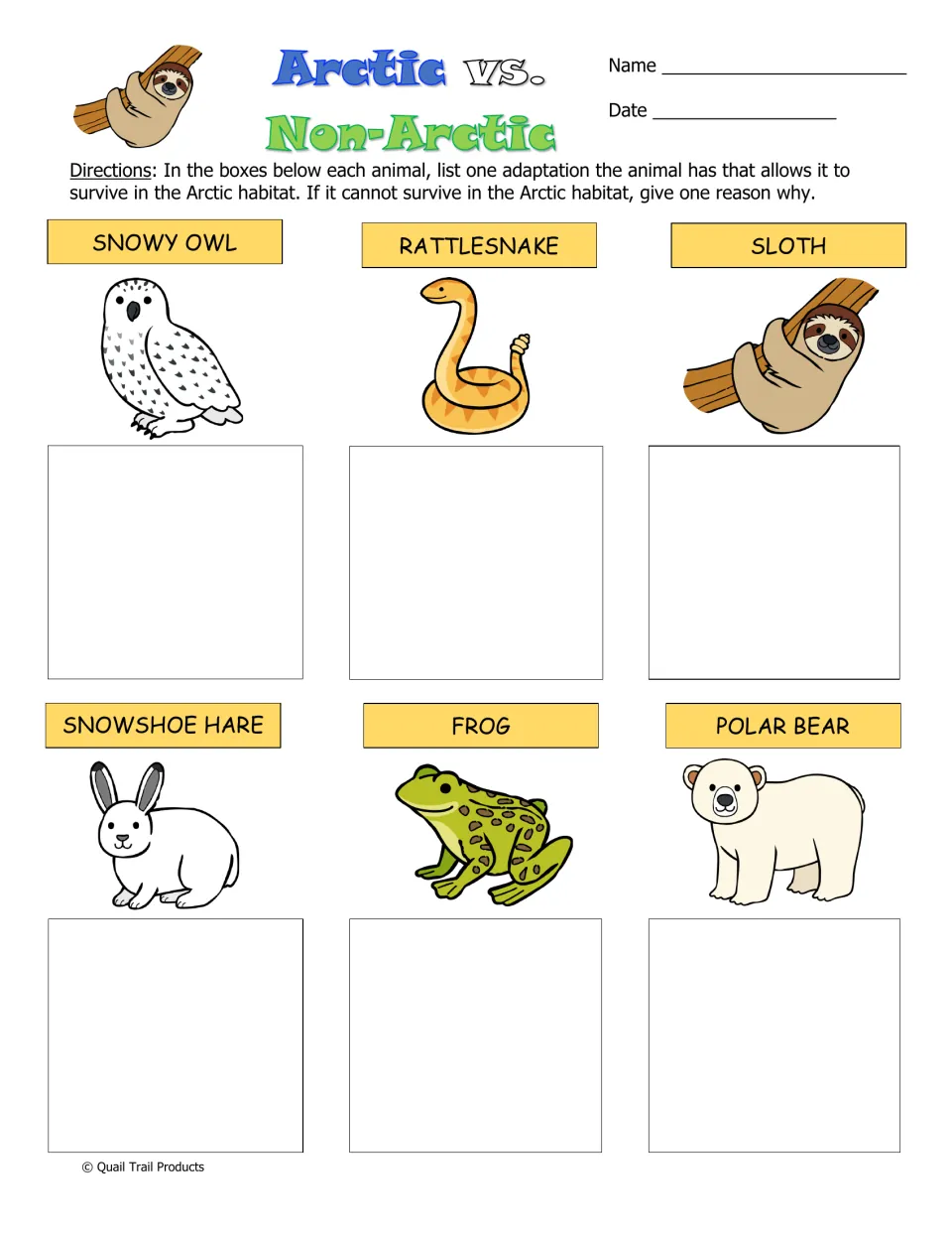 Arctic vs. Non-Arctic reasoning: for six animals, students give one Arctic adaptation or one reason it cannot survive