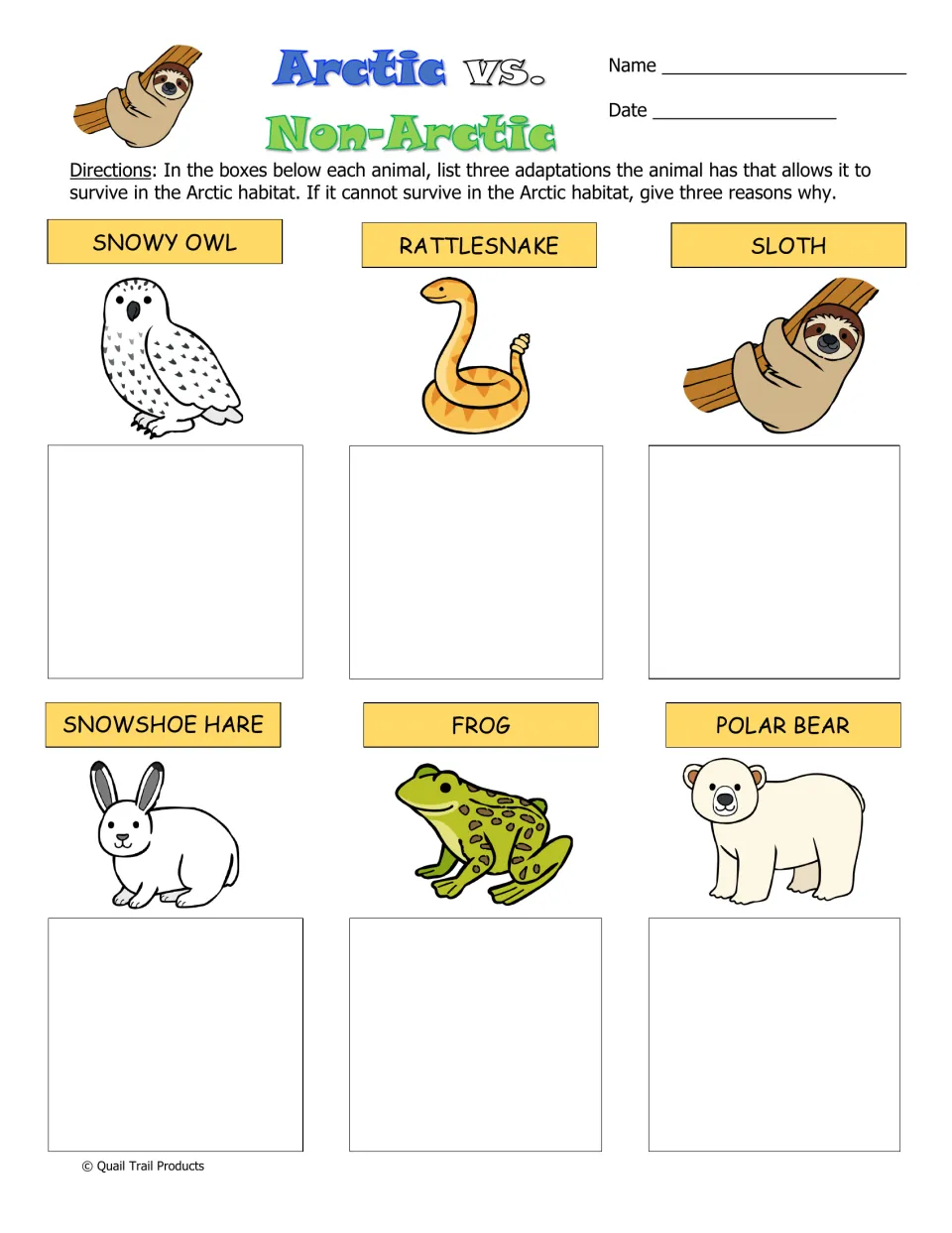 Arctic vs. Non-Arctic, three per animal: students justify in writing which of six animals can survive in the Arctic