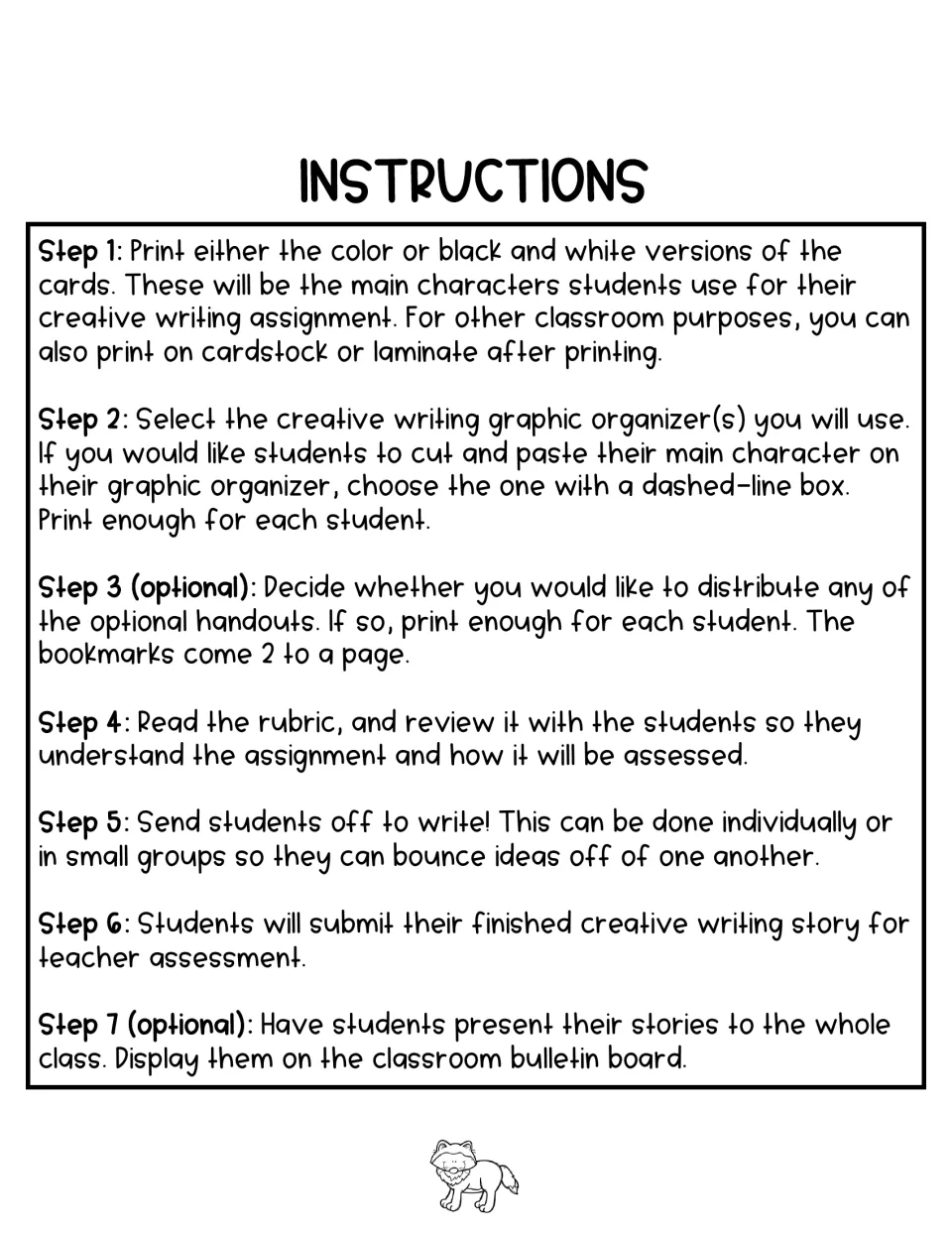 Instructions in 7 steps: print character cards, pick graphic organizers, review the rubric, write and present stories