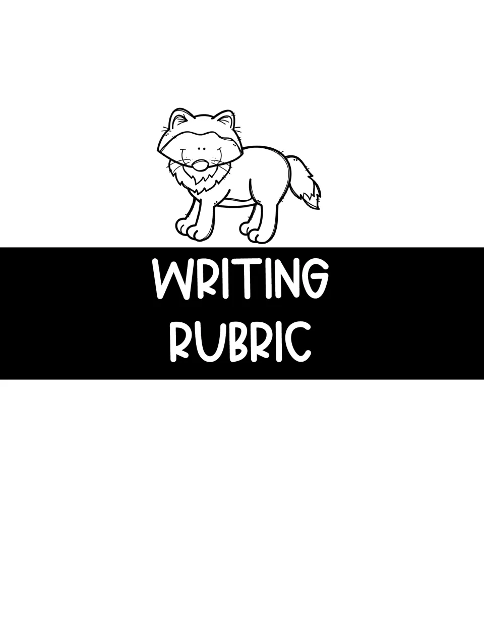Writing Rubric section divider with a black and white outline drawing of a smiling arctic fox above the heading