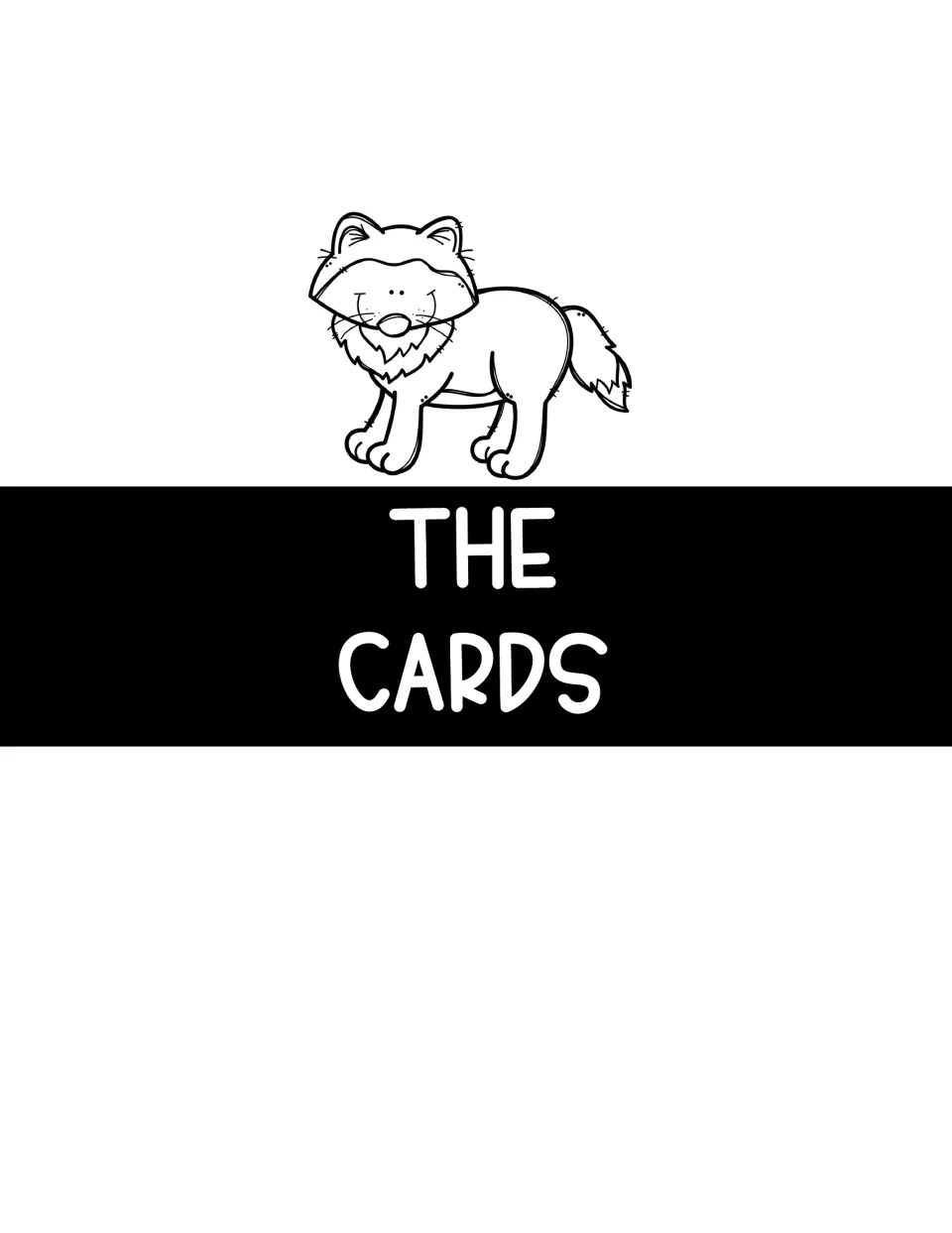 The Cards section divider introducing the animal character cards, with an outline drawing of an arctic fox