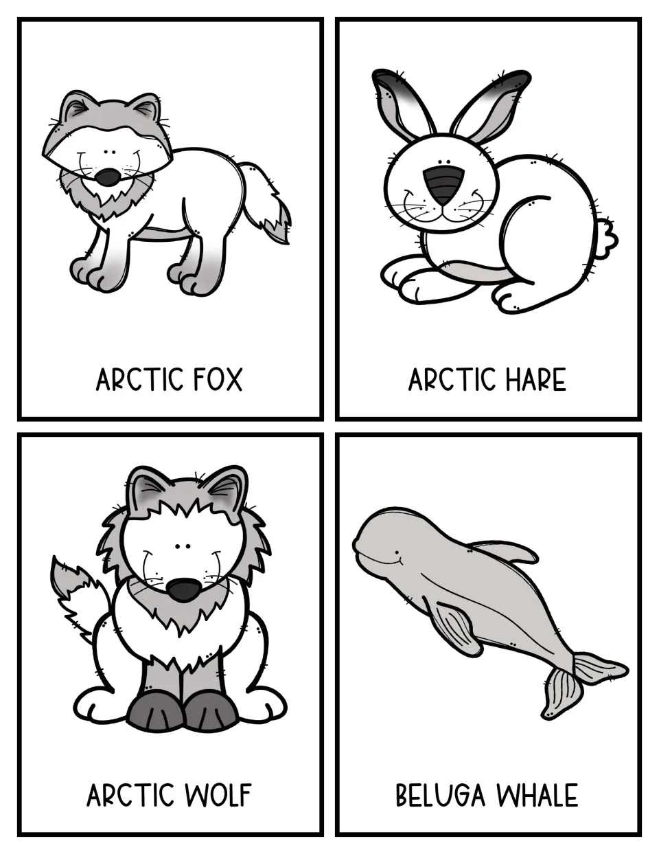 Four main-character cards for story writing, each a labeled picture: arctic fox, arctic hare, arctic wolf and beluga whale