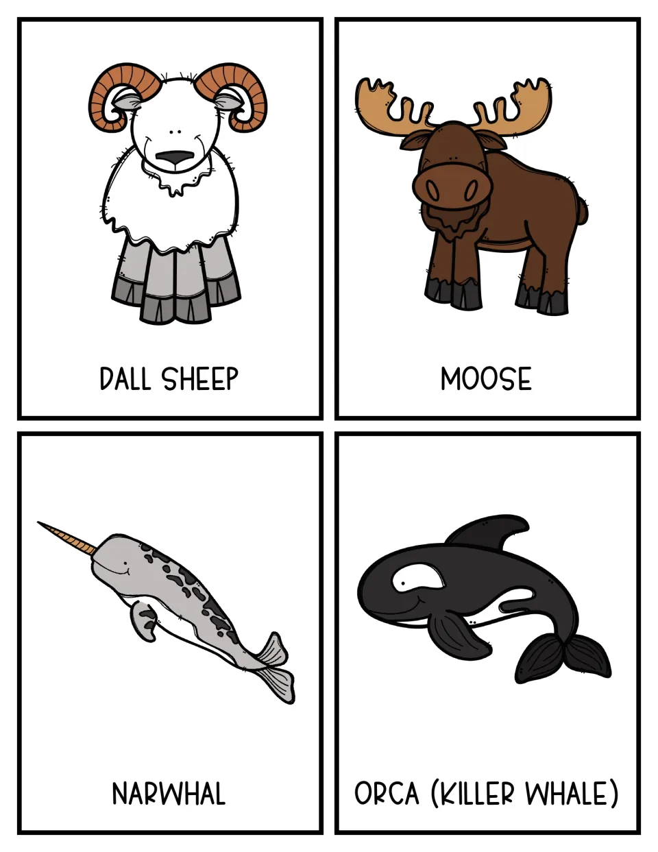 Four more labeled character cards to inspire a story: Dall sheep, moose, narwhal and orca (killer whale) in color
