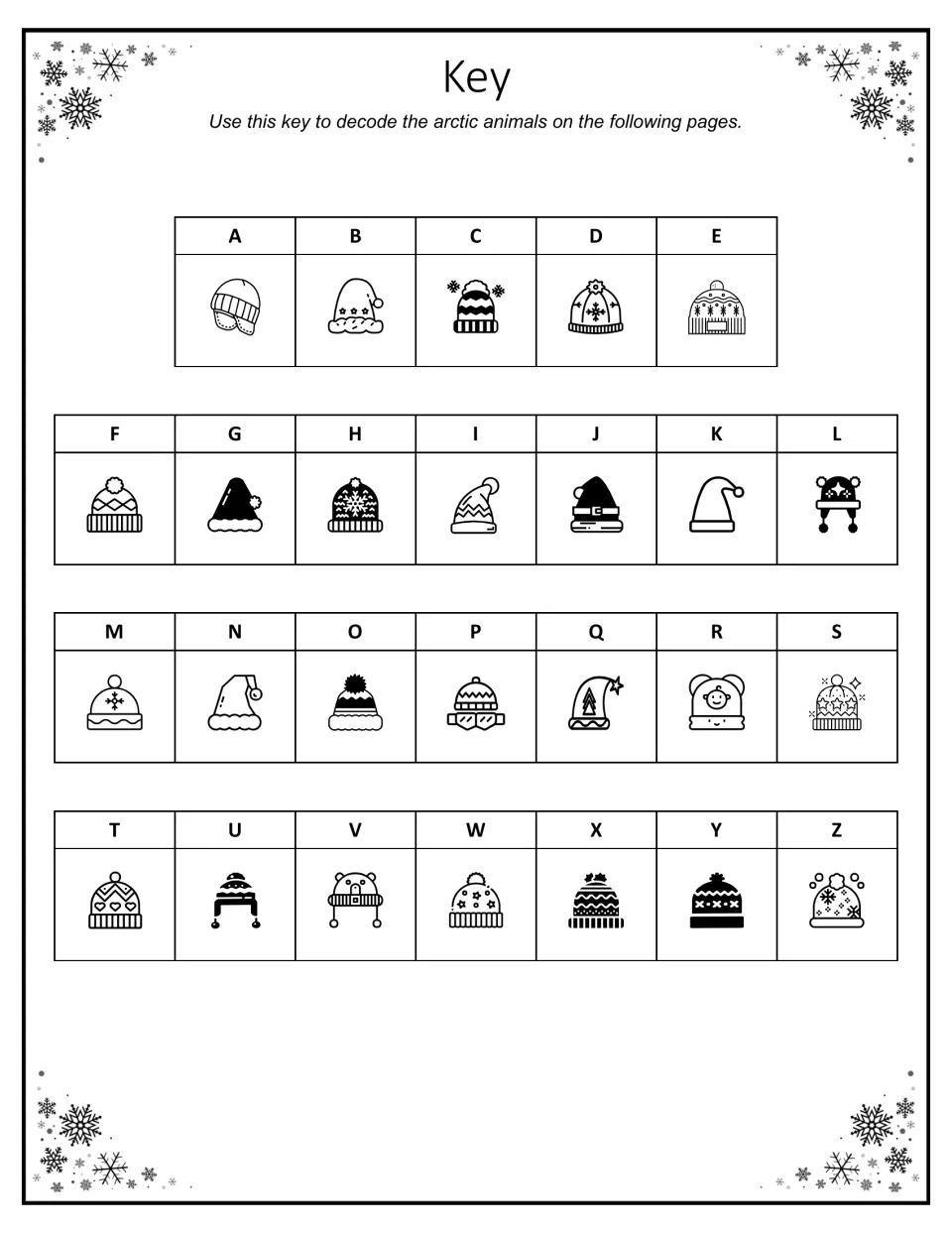 Codebreaker key: each letter A to Z matched to a different winter hat picture, used to decode arctic animal names