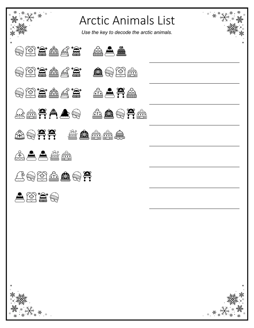 Arctic animals code: students use the hat key to decode eight names, from arctic fox and arctic hare to narwhal and orca