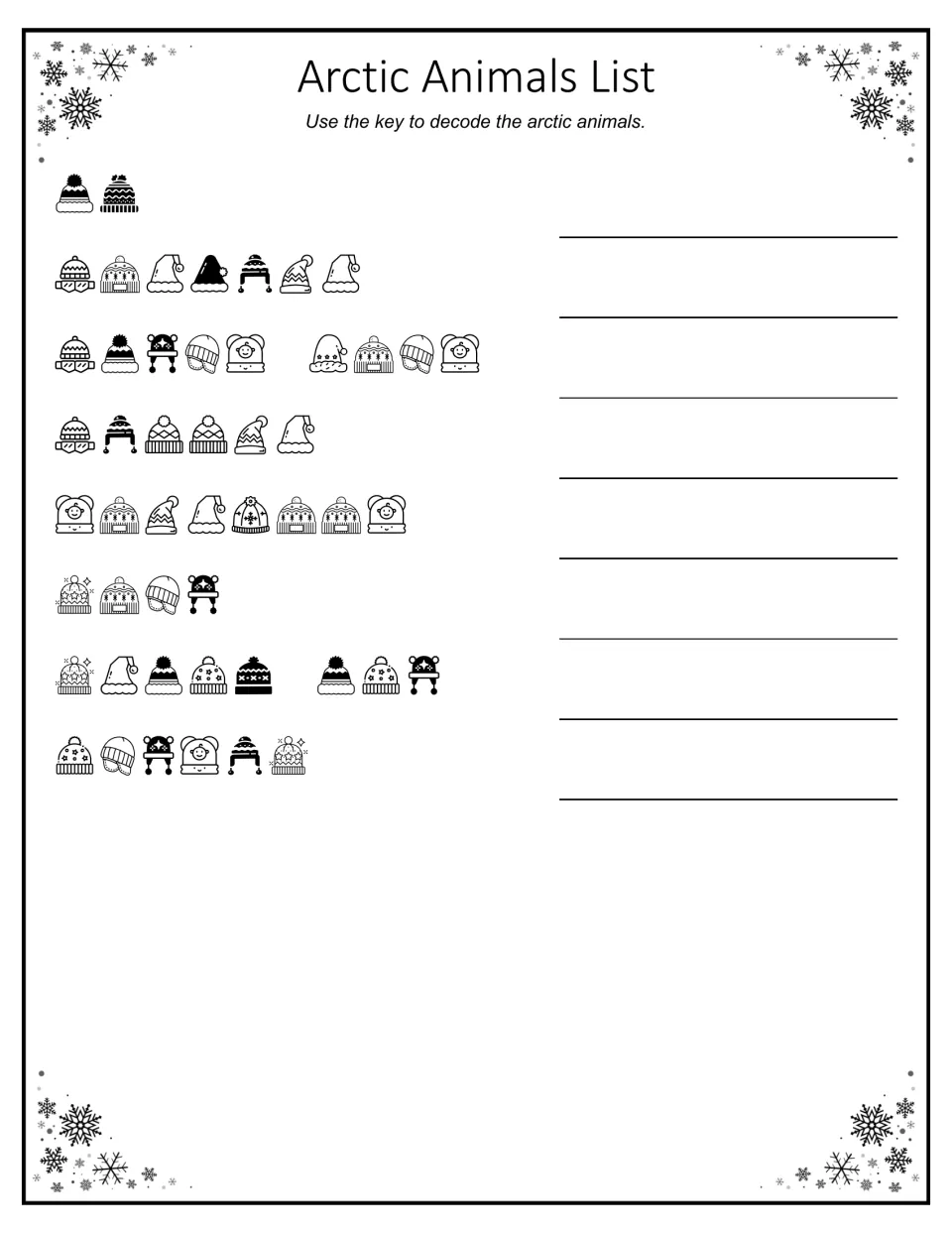 Second arctic animals code: students decode eight more names in hat symbols, including ox, penguin, polar bear and walrus