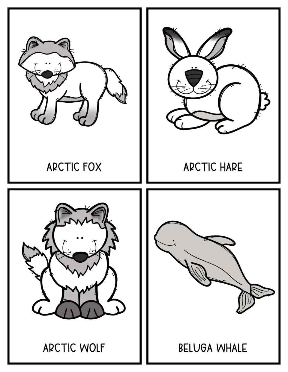 Color arctic animal topic cards for choosing research subjects: arctic fox, arctic hare, arctic wolf and beluga whale