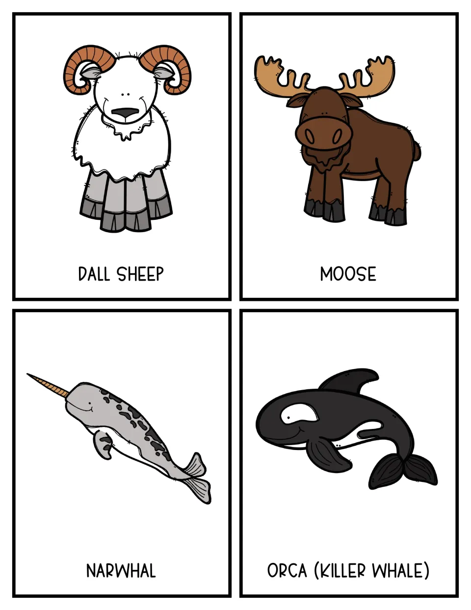 Color topic cards showing a Dall sheep, a moose, a narwhal and an orca (killer whale) for students to pick and research