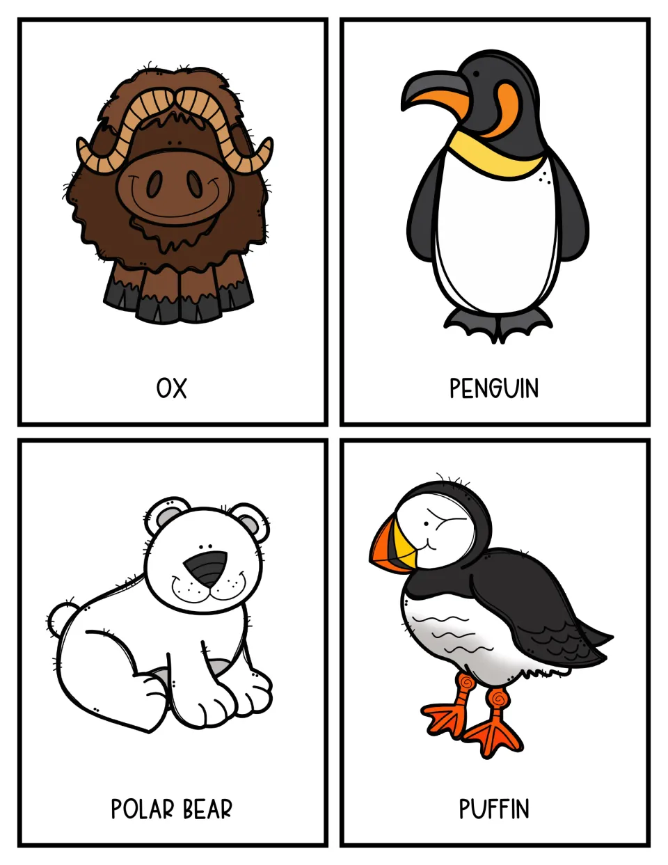 Color topic cards of an ox, a penguin, a polar bear and a puffin that students choose between before researching
