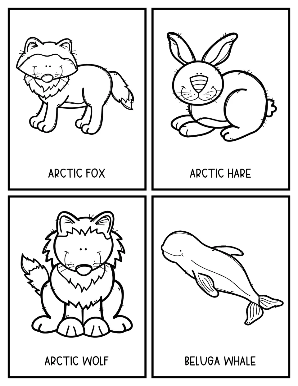 Black-and-white line-art cards of the arctic fox, arctic hare, arctic wolf and beluga whale for picking research topics