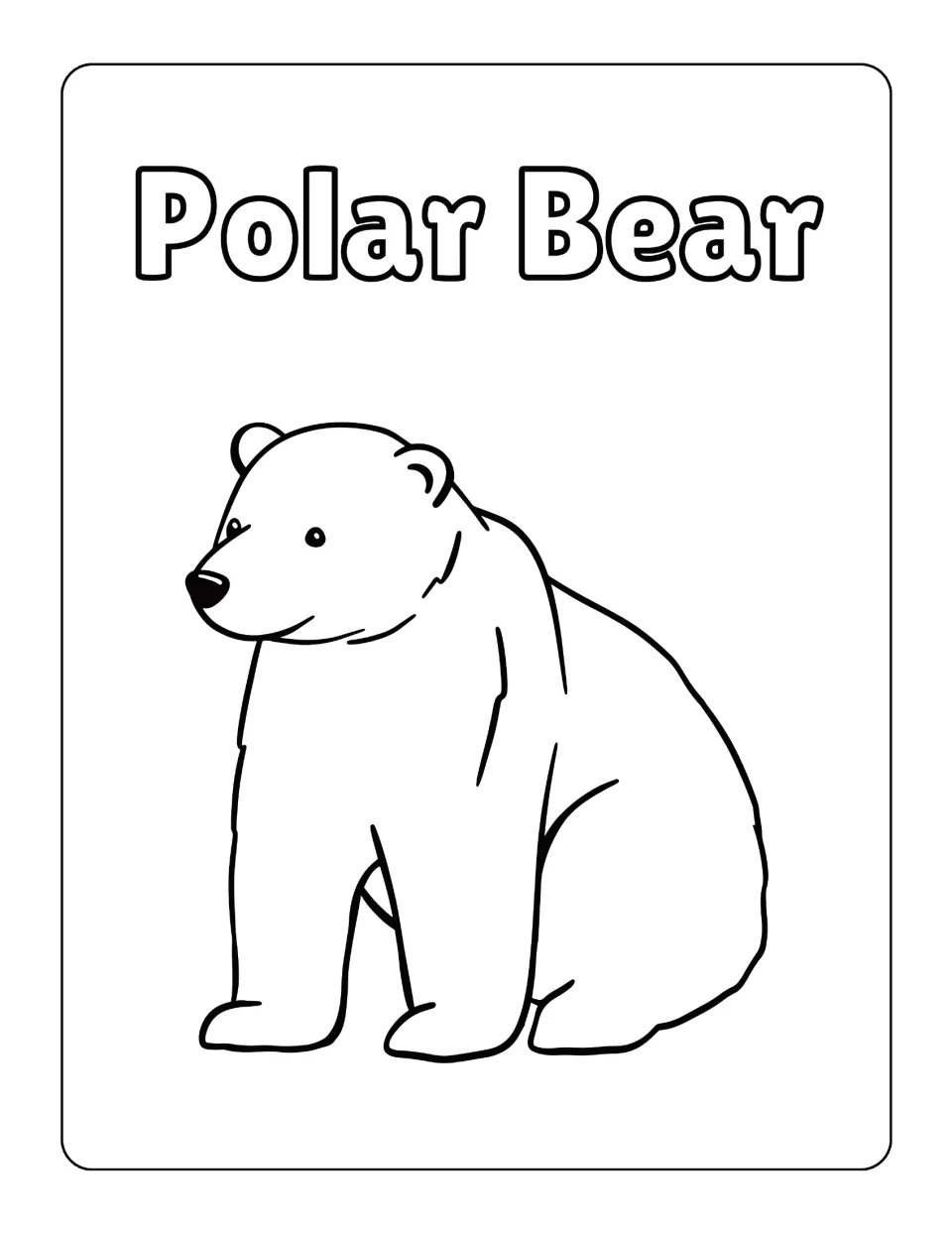 Polar bear coloring page: students color a realistic seated polar bear outline under the bubble-letter heading Polar Bear