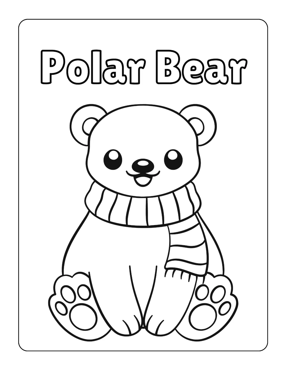 Polar bear cub to color: a cartoon bear in a striped scarf sits with paw pads showing, titled Polar Bear