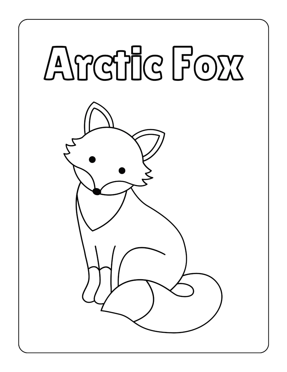 Arctic fox in a simple cartoon style, sitting with a fluffy tail, for students to color under the name Arctic Fox