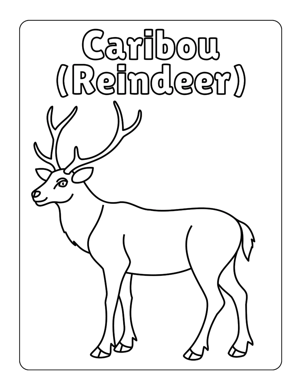 Caribou (Reindeer) page: students color a standing caribou with large branching antlers, named with both common names