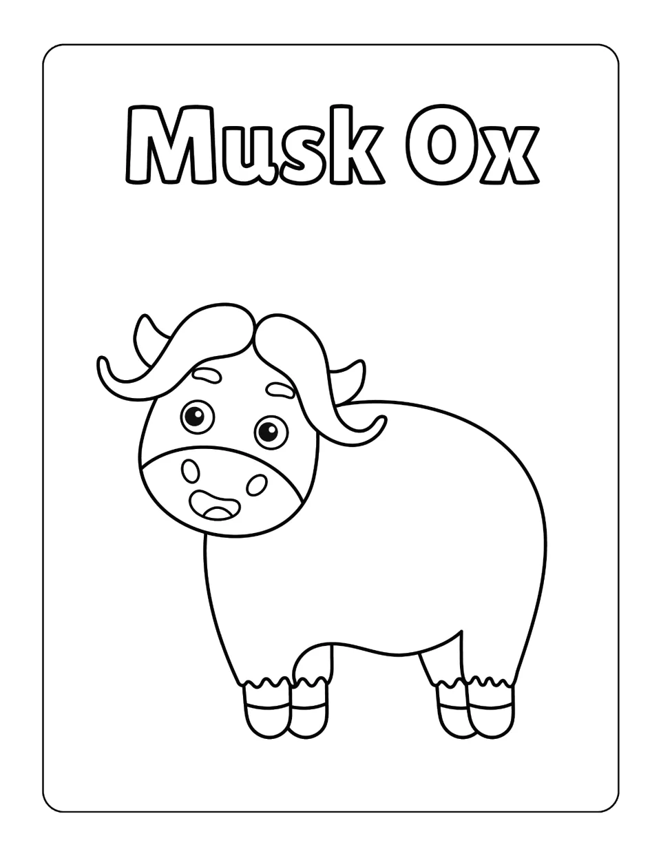 Musk ox in a cartoon style with big eyes, curled horns and a round body, for students to color, headed Musk Ox