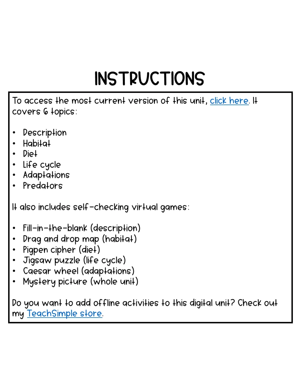 Unit instructions: link to six fox topics, description to predators, plus self-checking games like a pigpen cipher