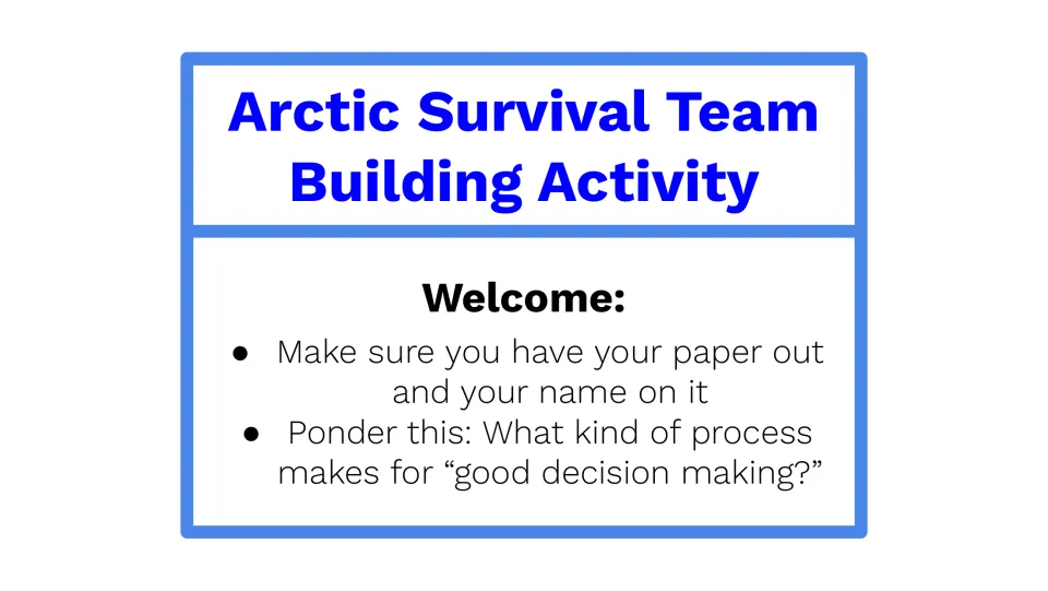 Welcome slide: students get paper out, write their names and ponder what process makes for good decision making