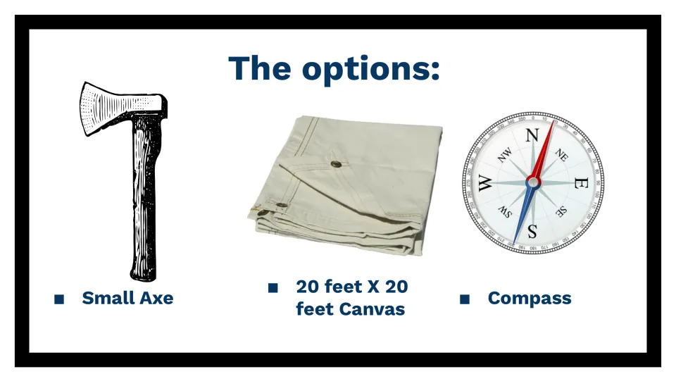 Survival item options: small axe, 20 by 20 foot canvas and compass, each shown with a picture for students to weigh