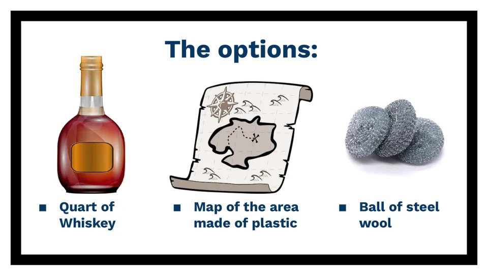 Survival item options: quart of whiskey, plastic map of the area and ball of steel wool, each pictured and labelled