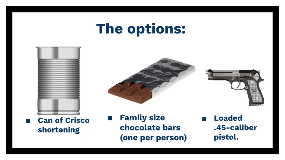 Survival item options: can of Crisco shortening, family size chocolate bars per person and a loaded .45-caliber pistol