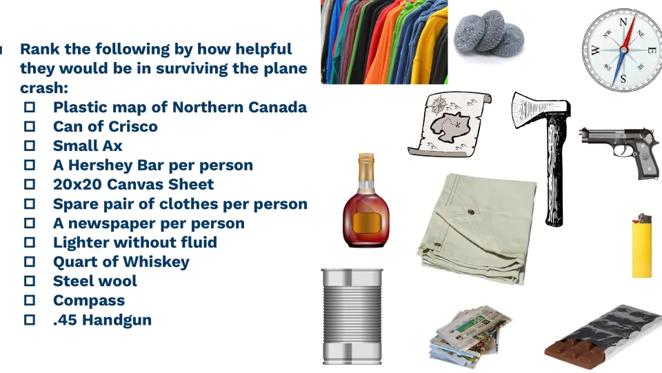 Individual ranking: students rank 12 crash items, from plastic map and Crisco to compass and .45 handgun, by helpfulness
