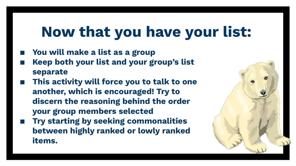 Group ranking directions: students build a shared list, keep it apart from their own and discuss reasons behind each order