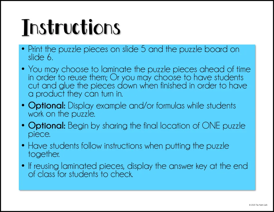 Teacher instructions explain printing, laminating or gluing puzzle pieces, and displaying examples and formulas.