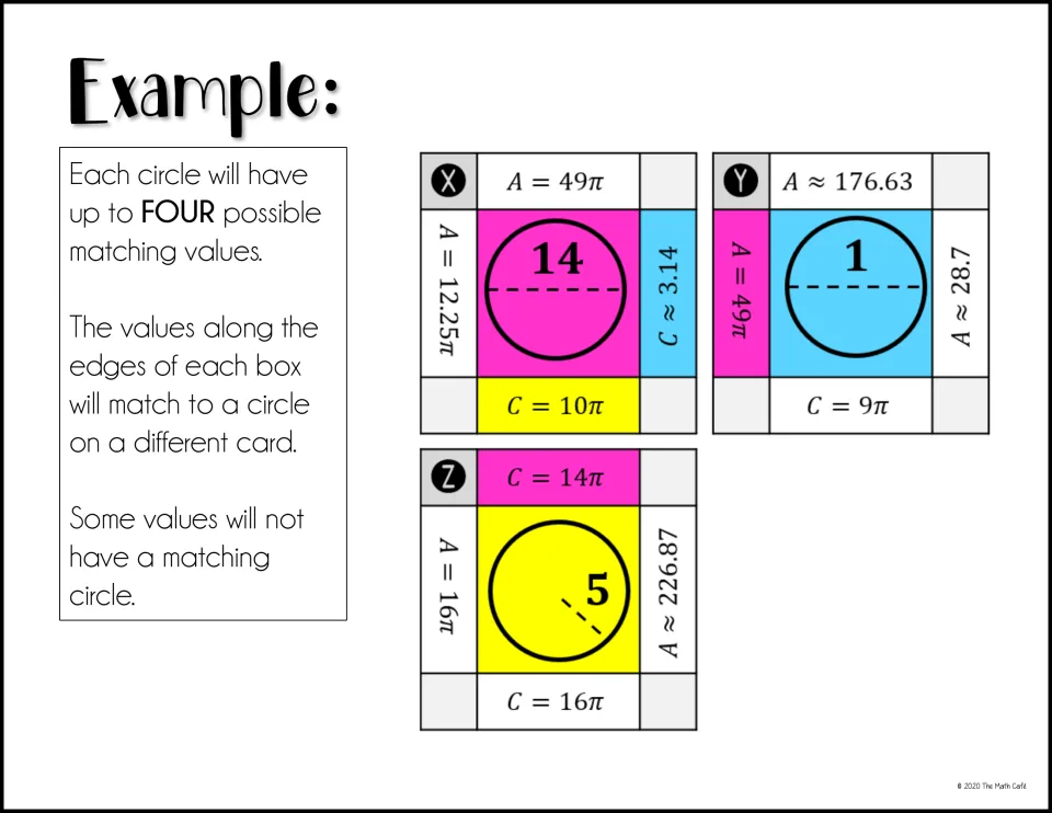 Puzzle example uses circles labeled 14, 1, and 5 to show how edge values match circles on other cards.