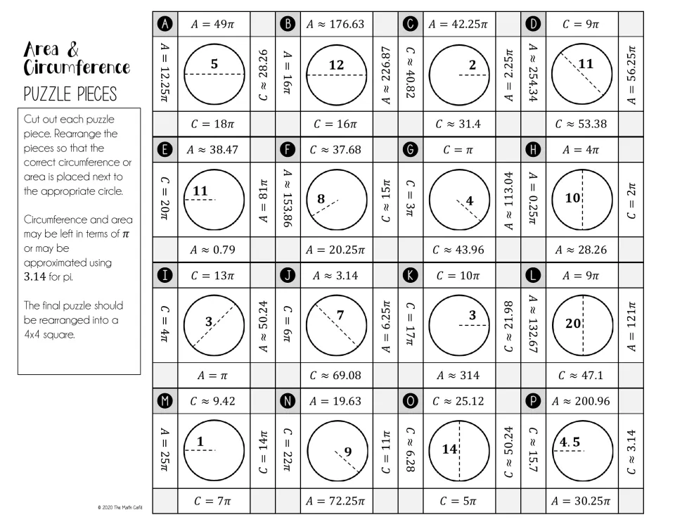 Sixteen puzzle pieces A–P show circle measurements and edge values for matching area and circumference.