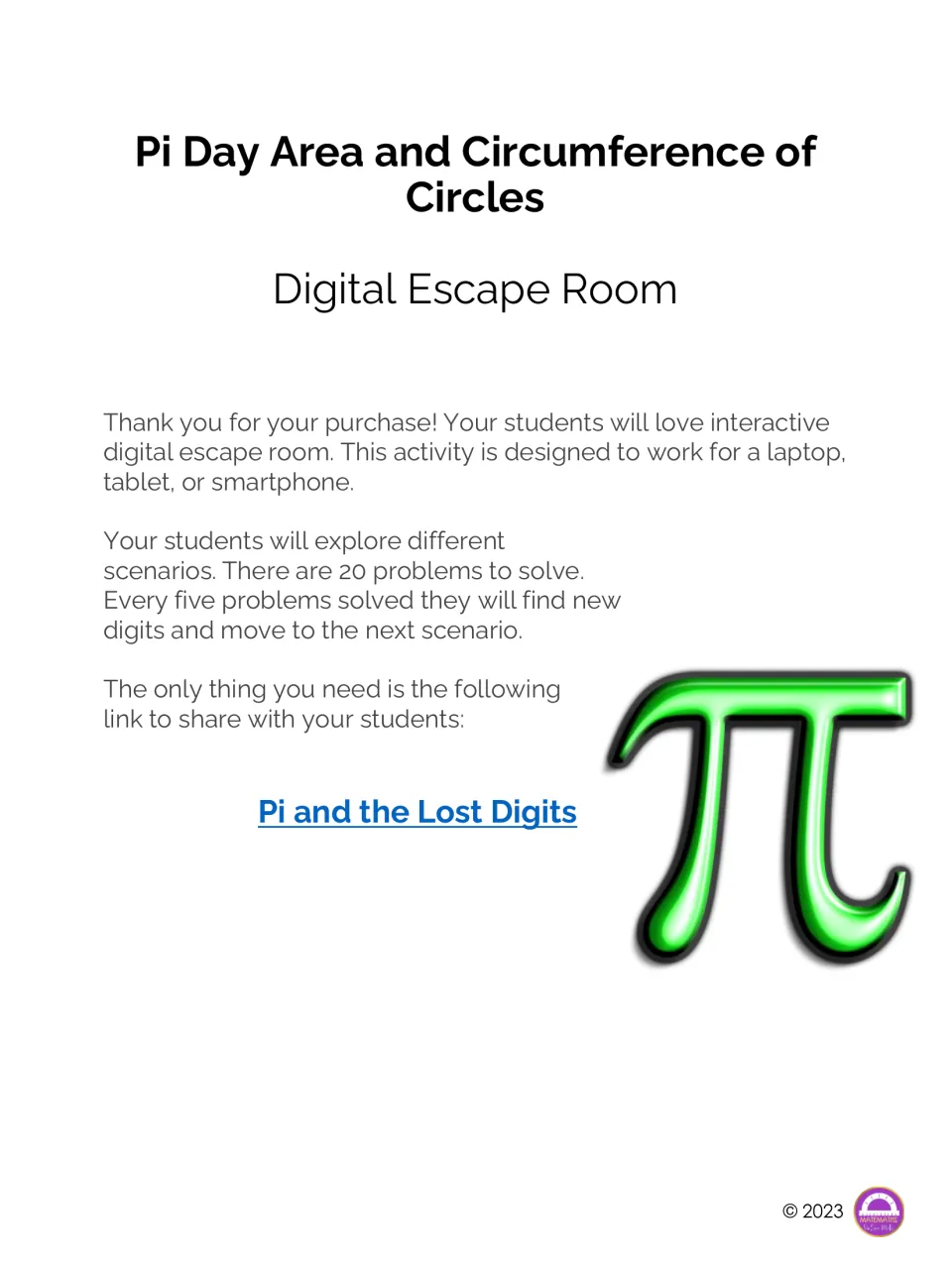 Pi Day escape room cover and teacher note: 20 circle problems, shared via the Pi and the Lost Digits link